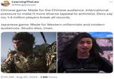LearningTheLaw @Mangalawyer ... Chinese game: Made for the Chinese audience. International pressure to make it more diverse (appeal to activists). Devs say no; 1.4 million players break all records. Japanese game: Made for Western millennials and modern audiences. Studio dies, Imao. 2:33 AM • Aug 20, 2024 1.9M Views • Frey I just moved s---. With my freaking mind! Ha ha!