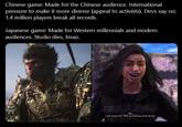 Chinese game: Made for the Chinese audience. International pressure to make it more diverse (appeal to activists). Devs say no; 1.4 million players break all records. Japanese game: Made for Western millennials and modern audiences. Studio dies, Imao. Frey I just moved s---. With my freaking mind! Ha hal
