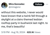 Mira Gonzalez @miragonz Follow without this website, i never would have known that a twink fell through a skylight at a clairo themed lesbian rooftop party in bushwick last night. to me, that's beautiful 3:19 PM. Aug 19, 2024 625.1K Views