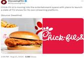 4 DiscussingFilm ❤ @DiscussingFilm Chick-Fil-A is moving into the entertainment space with plans to launch a slate of TV shows for its own streaming platform. (Source: Deadline) Chick 2:18 PM - Aug 21, 2024 - 3.3M Views Chick-fil-