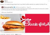 tia ✰ @tiadeeznuts when i'm watching arbys but my bitch wife wants to watch chick-fil-a 4 DiscussingFilm @DiscussingFilm - Aug 21 Chick-Fil-A is moving into the entertainment space with plans to launch a slate of TV shows for its own streaming platform. (Source: Deadline) Chick 2:58 PM - Aug 21, 2024 - 151K Views Chick-fil-s