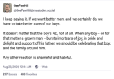 GeePawHill @GeePawHill@mastodon.social I keep saying it. If we want better men, and we certainly do, we have to take better care of our boys. It doesn't matter that the boy's ND, not at all. When any boy -- or for that matter a grown man -- bursts into tears of joy, in pride and delight and support of his father, we should be celebrating that boy, and the family around him. Any other reaction is shameful and hateful. Aug 23, 2024, 12:44 AM · Web 297 boosts 480 favorites