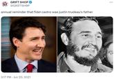 GRIFT SHOP @GRIFTSHOP annual reminder that fidel castro was justin trudeau's father 3:17 PM Jun 20, 2021 .