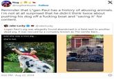 Reminder that L*gan Paul has a history of abusing animals. I’m not at all surprised that he didn’t think twice about pushing his dog off a f------ boat and “saving it” for content. Nug X @nugthanksyew • Follow Reminder that L*gan Paul has a history of abusing animals. I'm not at all surprised that he didn't think twice about pushing his dog off a f------ boat and "saving it" for content. Jake Lucky @JakeSucky Logan Paul's pig was allegedly found abandoned in a field next to another dead pig. It was rescued by a company known as The Gentle Barn... told she was a mini pig.... she's not. 9:02 PM - Aug 22, 2024 She's lucky to still be alive thegentlebarn