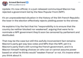 Arnaud Bertrand @Rnaud Bertrand Update: it's now official, in a just-released communiqué Macron has rejected a government led by the New Popular Front (NPF). It's an unprecedented situation in the history of the 5th French Republic: the loser in the election effectively rejects yielding power to the winner. He explains it by the fact that his "responsibility is to ensure that the country be neither blocked nor weakened", arguing that were he to nominate a NPF government they'd soon be censored by parliament and destituded. That may be the case but still this awfully inconvenient fact remains: Macron's party got way less votes and MPs than the NPF, yet it is Macron's party that's still running the French government, and it is Macron himself making choices on who can or cannot assume power based on what he thinks would "weaken France" or not. It's insane when you think about it.