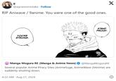 g @agravesmistake. Follow RIP Aniwave/9anime. You were one of the good ones. YOU'RE STRONG. STAND PROUD. X Manga Mogura RE (Manga & Anime News) @MangaMoguraRE Several popular Anime Piracy Sites (AnimeSuge, AnimeWave (9Anime) are suddenly shutting down. 4:22 AM - Aug 27, 2024