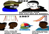 AYO, GIBS ME 2022 MEMEFROG, HOW DID YOU GET SO BASED? 1987 YOUR LUNCH MONEY WHYTBOI! STAR TREK YOU READ BOOKS? DATS STUPID. YOU STUPID.