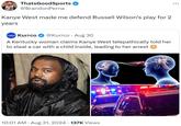 ThatsGoodSports ❤ @BrandonPerna Kanye West made me defend Russell Wilson's play for 2 years Kurrco • @Kurrco Aug 30 A Kentucky woman claims Kanye West telepathically told her to steal a car with a child inside, leading to her arrest • 10:01 AM ⚫ Aug 31, 2024 137K Views •