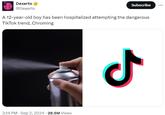 Dexerto @Dexerto Subscribe A 12-year-old boy has been hospitalized attempting the dangerous TikTok trend, Chroming • 3:14 PM Sep 2, 2024 28.5M Views ـل