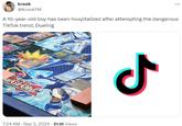 krook @KrookTM A 15-year-old boy has been hospitalized after attempting the dangerous TikTok trend, Dueling DING CARD GAME GHONE 7:24 AM Sep 3, 2024 31.1K Views ـل