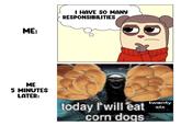 ME: ME 5 MINUTES LATER: I HAVE SO MANY RESPONSIBILITIES today I will eat corn dogs twenty six