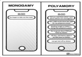 Monogamy vs. Polyamory Texts MONOGAMY POLYAMORY 8:00 You forgot to take out the trash. 8:00 Did you read that article I sent about ethical non-monogamy? Got 1,000 words done last night for my polyamory book! Reading tonight at Zelda's... doing that polyamory poem My longread about ENM got killed by Glisten Oh boy.. just had to reject a terrible piece at Glisten O Just got laid off by Glisten O ELS COMICS