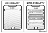 Monogamy vs. Polyamory Texts MONOGAMY QING DYNASTY 8:00 MORNING BEAUTIFUL 8:00 i think wife 9 is poisoning you think wife 2 is poisoning you i think the eunuchs are poisoning you 000000 i think wife 14 is poisoning you i think the kids are poisoning you think the chief censor is poisoning you O O ELS_COMICS