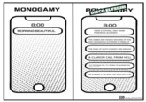Monogamy vs. Polyamory Texts MONOGAMY 8:00 MORNING BEAUTIFUL PO DISCO ELYSIUY 8:00 THERE IS NOTHING, ONLY WARM PRIMORDIAL BLACKNESS THE LIMBED AND HEADED MACHINE OF PAIN AND UNDIGNIFIED SUFFERING IS FIRING UP THE SONG OF DEATH IS SWEET AND ENDLESS A CLARION CALL FROM HELL CUT MY HEAD OFF, IT'S TRYING TO MURDER THE REST OF ME MR EVRART IS HELPING ME FIND MY GUN ELS_COMICS