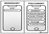 Monogamy vs. Polyamory Texts MONOGAMY POLYAMORY 8:00 MORNING BEAUTIFUL O 8:00 Deadass? What the dog doin Number 15 Burger Hawk tuah the polls I'm in jail Yo what that mouth O ELS_COMICS