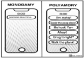 Monogamy vs. Polyamory Texts MONOGAMY POLYAMORY 8:00 MORNING BEAUTIFUL 8:00 Arr, matey! Swab the poop deck! Me hook! Yarr Ahoy! Grog tonight? Walk the plank! O OELS COMICS