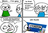 Mom... I'm gay is that because of that game you play? oh yeah, lemme check if I accidentally played the f------ game that makes you gay oh f--- VRCHAT