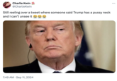 : ... Charlie Kwin @CharlieKwin Still reeling over a tweet where someone said Trump has a p---- neck and I can't unsee it 7:49 AM Sep 11, 2024