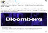 Jason Schreier @jasonschreier · Follow SCOOP: The entire staff of Annapurna Interactive has resigned, leaving dev partners scrambling to figure out what's next. X The video game publisher had been negotiating with Annapurna owner Megan Ellison (Larry's daughter) to spin out. Deal fell through. Bloomberg bloomberg.com Annapurna Video-Game Team Resigns, Leaving Partners Scrambling Megan Ellison-led firm sees staffers quit after spinoff talks fail. 5:45 PM Sep 12, 2024