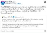Matt McMuscles @MattMcMuscles Follow X This REALLY sucks. Annapurna was publishing some of the most inventive stuff out there, with plenty more coming over the next year or two... including that Silent Hill Townfall game! Jason Schreier @jasonschreier SCOOP: The entire staff of Annapurna Interactive has resigned, leaving dev partners scrambling to figure out what's next. The video game publisher had been negotiating with Annapurna owner Megan Ellison (Larry's daughter) to spin out. Deal fell through. bloomberg.com/news/articles/... 6:50 PM - Sep 12, 2024