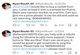 Ryan Routh • @Ryan Routh 4/21/24 @elonmusk I would like to buy a rocket from you. I wish to load it with a warhead for Putins Black sea mansion bunker to end him. Can you give me a price please. It can be old and used as not returning. 8084648342 aid.in.ukraine@gmail.com 67 196 75 ili 214K ☐ 1 Ryan Routh @Ryan Routh • 3/1/24 @eltonjohnWOTD Can you help with a tribute song for Ukraine to rally more support. I have lyrics to "We are One" that I can send you. It would be great to get small kids to sing the chorus. Please help me 18084648342 aid.in.ukraine@gmail.com please reach out ... 4 19 3 Ill 37K ☐ ↑