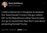 Dana Goldberg @DGComedy 600 I need a Democrat in Congress to propose the 'Save Donald Trump's life gun reform bill' so the Republicans either have to pass it or go on record that they don't care about protecting Donald Trump. 4:27 PM 9/15/24 237K Views •
