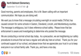 North Belmont Elementary September 10 at 8:47 AM · Good morning, parents and employees, this is Mr. Beam calling with an important communication. We hope you are doing well. We want you to know that a message circulating overnight on social media (TikTok) has caused concern for some schools in Gaston, Cleveland, Lincoln, and Mecklenburg counties. The message is ambiguous, but it does reference school safety. Please know that law enforcement is aware and investigating to determine who posted the message. We are conducting a normal school day today. As a precaution, we are heightening our safety procedures to ensure that we have a regular and safe day here at school. Thank you for your continued support of our school, and please know that we appreciate your trust in us to keep everyone in our school family safe. Thank you, and have a nice day. ib 34 13 comments 100 shares