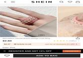 SHEIN Q 2/3 Simulation Dental Brace Design Cuff Ring $2.60 (100+) > $2.47 S SHEIN CLUB Join for an Exclusive 5% OFF > Color: Pink × REGISTER AND GET 15% OFF REGISTER ADD TO BAG 3 1.7cm