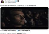 LakeShowYo @LakeShowYo Raptors fans seeing LeBron on the schedule From reaction memes • • @VideoReacts 4:26 PM Jan 9, 2024 259.4K Views