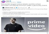 Colin @IntroSpecktive. Follow The world's largest online retailer and the richest YouTuber not paying minimum wage is genuinely insane Culture Crave @CultureCrave. MrBeast & Amazon are being sued by contestants on his upcoming 'Beast Games' show • Failed to pay minimum wages and overtime •Failed to prevent sexual harassment • Participants weren't provided uninterrupted meal breaks and rest breaks "Several contestants ended up... 10:03 PM Sep 17, 2024 prime video า