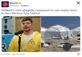 Dexerto @Dexerto Follow MrBeast's crew allegedly compared his new reality show to the infamous Fyre Festival 5:39 AM Sep 18, 2024 X