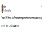Diddy's "Freak Offs" jon @jonxgenius “Freak Offs” being an official name in government documents is so crazy. 12:10 PM Sep 17, 2024 2.2M Views