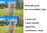 friends put on mumble rap i put on real music (queen, eminem, etc)