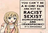 YOU CAN'T BE A K-ON! FAN AND NOT BE: RACIST SEXIST HOMOPHOBIC AND TRANSPHOBIC! IT'S IMPOSSIBLE