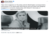 Brian Stelter @brianstelter "New York magazine on Thursday said its Washington correspondent, Olivia Nuzzi, is on leave after learning the star journalist had allegedly engaged in a romantic relationship with Robert F. Kennedy Jr.," @OliverDarcy reports for STATUS Olivia Nuzzi on leave from New York magazine after RFK relationship From status.news 10:09 PM⚫ Sep 19, 2024 5.3M Views