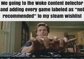 Pretty useful list tbh Me going to the woke content Detector and adding every game labeled as "not recommended" to my steam wishlist s
