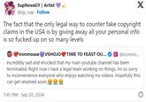 SupNovaGY | Artist @gy_sup Follow X The fact that the only legal way to counter fake copyright claims in the USA is by giving away all your personal info is so f----- up on so many levels ironmouse VSHOJO TIME TO FEAST OU... @ironmo... Incredibly sad and shocked that my main youtube channel has been terminated. Right now I have a legal team working on things. Im so sorry to inconvenience everyone who enjoys watching my videos. Hopefully this can get resolved soon. 7:45 PM Sep 20, 2024