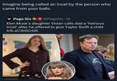 Imagine being called an incel by the person who came from your balls. Page SIX Page Six ⭑@PageSix. 1d Elon Musk's daughter Vivian calls dad a 'heinous incel' after he offered to give Taylor Swift a child trib.al/Jb5CrGK