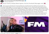 OUT OF CON FOOTBALL MANAGER Out of Context Football Manager @nocontextfm1 Hawk Tuah's Hailey Welch goes viral for Football Manager rant "It's insane that it's impossible to implement a defensive tactic in Football Manager. If I'm a lower half team irl I'm obviously going to play counter attacking football against a bigger team. But if you go defensive on Football Manager you immediately concede two goals. But if you start with gegenpress and all pressing maxed to the top, irl obviously the big teams would fry your defence, but in the game it's easily the best strategy to nick a point or win. I just feel like there's a lack of nuance to tactics and it too easily becomes convenient to just plug and play the meta attacking tactic" 1070 12:10 PM - Sep 21, 2024 1.3M Views FM TM