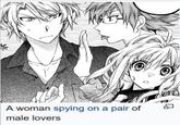 A woman spying on a pair of male lovers
