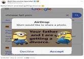 Bob the minion (parody) @Bobisminion Bello! Mom and dad getting divorce chinese fart p--- Google ALL PH Chir AirDrop Mom would like to share a photo. Porr Aug on P P--- Your father and I are 4 getting a divorce. PH Voy Decline Fart 3:26 PM - Sep 6, 2024 1.3M Views Accept × S art