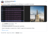 AJ Stuyvenberg @astuyve Every single wallpaper is sitting in a public bucket Copy Collapse All Expand All (slow) sion: a: 594541: ▶ dhd: ▶dsd: 1 Filter JSON "https://panels-cdn.imgix...b0abf6c643334f31808elllc" "https://panels-cdn.imgix...17285974b870c3ba9cd6a7d2" 622874: dhd: ▸dsd: "https://panels-cdn.imgix.net/content/a outrunyouth 93f0826 "https://panels-cdn.imgix...b87cca358d78e553bece0edb" 825833: dhd: ▸dsd: "https://panels-cdn.imgix...4a70d48b093d8284e45eb412" "https://panels-cdn.imgix...24cd29a08ef0f090caad3c8a" 081969: ▶ S: ▸wfs: "https://panels-cdn.imgix...b3241902ee819a3e8cb732c6" "https://panels-cdn.imgix...4e8aafde8698196ab2d1d049" 1859481: ▶S: wfs: "https://panels-cdn.imgix...ef54d584eaff7dc28db58168" "https://panels-cdn.imgix...01f14b8cd3ef5068ab6a6654" 2314083: ▶ S: wfs: "https://panels-cdn.imgix...79907309afa49dfec1f2097c" "https://panels-cdn.imgix...fe0ce94e3b962c3c204dbedd" 24223070: ▶ S: "https://panels-cdn.imgix...baefaf16fc92bceb820b0f57" ▸wft: ▸ wc10: "https://panels-cdn.imgix...80d85b988075f873f9560a92" "https://panels-cdn.imgix...eabe56cddd5253c20f83191b" wcl1: "https://panels-cdn.imgix...6f2827af02bbaa845dee660f" "bttnes//panele.edu imaży Good1d607501d40406ed7c5 nels-cdn.imgix.net/content/a-hytha_c59c7c77/San-Francisco--4K.jpg?expires=1728262583176&fm=jpg&s=7d2f279ceabf93ef5f0d01e26fe8f84 wukko @uwukko. 17h Replying to @uwukko storage.googleapis.com/panels-api/dat... that's literally it, search for "dhd" to get full resolution files Show more 10:26 PM Sep 24, 2024 • 197.6K Views