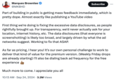 Marques Brownlee @MKBHD Subscribe Part of building in public is getting mass feedback immediately, which is pretty dope. Almost exactly like publishing a YouTube video First thing we're doing is fixing the excessive data disclosures, as people rightfully brought up. For transparency, we'd never actually ask for your location, internet history, etc. The data disclosures (that everyone is screenshotting) is likely too broad, and largely driven by what the ad networks suggest. Working to fix that ASAP. As far as pricing, I hear you! It's our own personal challenge to work to deliver that kind of value for the premium version. (Weekly Friday drops are already starting) I'll also be dialing back ad frequency for the free experience Much more to come. I appreciate you all • 10:13 AM Sep 24, 2024 3.2M Views