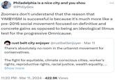 Philadelphia is a nice city and you shou @PhillyGov Zoomers don't understand that the reason that ... YIMBYISM is successful is because it's much more like a pre-2016 social movement focused on definitive and concrete gains as opposed to being an ideological litmus test for the progressive Omnicause. rust belt city enjoyer @rustbeltenjoyer . Mar 11 There's absolutely no room in the urbanist movement for conservatives. The fight for equitable, climate conscious cities, worker's rights, reproductive rights, racial justice, wealth equality, ... Show more • 11:20 PM Mar 11, 2024 422.9K Views