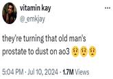 vitamin kay @_emkjay they're turning that old man's prostate to dust on ao3 5:04 PM Jul 10, 2024 1.7M Views