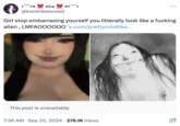 nia » @kalieliketoread Girl stop embarrasing yourself you litterally look like a f------ alien, LMFAOOO000 x.com/prettyndollike... This post is unavailable. • 7:36 AM Sep 25, 2024 276.1K Views