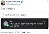 Good Tweetman @Goodtweet_man Niles to Frasier: zach @zach_idiot • Sep 24 D Dad now I trust you've been following the exploits of Moo Deng? • 6:16 PM Sep 25, 2024 75.2K Views