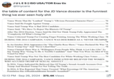 J.D. Vance Dossier meme JULES || ISO USA/TOR Eras tix @tinycans the table of content for the JD Vance dossier is the funniest thing ive ever seen h-------- Vance Wrote That He "Loathed" Trump's "Obvious Personal Character Flaws" Vance Said He Fought Against Trump Vance Said Trump Was A Bad 2016 Candidate... Vance Said, "We Have To Reject The Rhetoric Of Trump".. 3322 76 76 77 77 After The 2016 Election, Vance Said He Did Not Think Trump Fully Appreciated The "Complexity Of What's Going On". 77 Vance Criticized Trump For Creating Finger Pointing Among The White Working Class 78 DURING THE 2016 CAMPAIGN, VANCE WAS DESCRIBED AS A 'NEVER TRUMPER' 78 In An October 2016 Appearance On "The Charlie Rose Show," Vance Declared He Was "A Never Trump Guy" And "Never Liked Him".. 78 Vance Claimed There Was A "Willingness From People Who Think A Lot Like I Do" To Say Trump Was "Going To Be A Terrible Candidate" And "That You Were An Idiot If You Voted For Him" 78 Vance Said Trump Was Not The Best Candidate For White-Working Class Voters...........79 DURING THE 2016 CAMPAIGN, VANCE INDICATED HE BELIEVED THE WOMEN WHO ACCUSED TRUMP OF SEXUAL ASSAULT. 79 In 2016, Vance Indicated He Believed One Of Trump's Sexual-Assault Accusers Over Trump And Mocked Trump For Not Telling The Truth......... 79 In 2016, It Was Reported That Vance Tweeted "What Percentage Of The American Population Has @Realdonaldtrump Sexually Assaulted?". 80 • 12:13 PM Sep 26, 2024 375.4K Views •