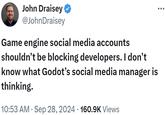 John Draisey ❤ @JohnDraisey Game engine social media accounts shouldn't be blocking developers. I don't know what Godot's social media manager is thinking. . 10:53 AM - Sep 28, 2024 160.9K Views