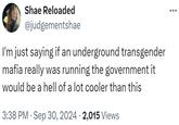 Shae Reloaded @judgementshae I'm just saying if an underground transgender mafia really was running the government it would be a hell of a lot cooler than this • 3:38 PM Sep 30, 2024 2,015 Views